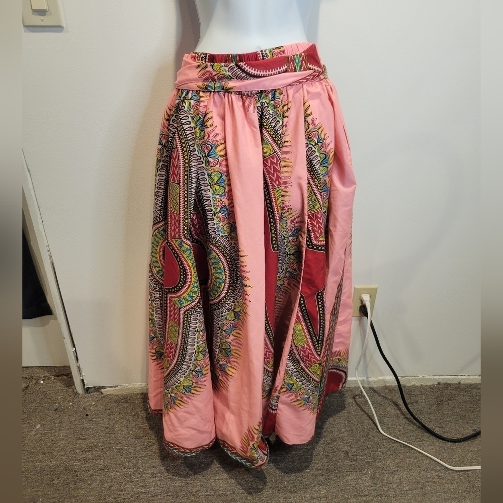 African dashiki one size pink colorful cotton maxi skirt. Small flaw